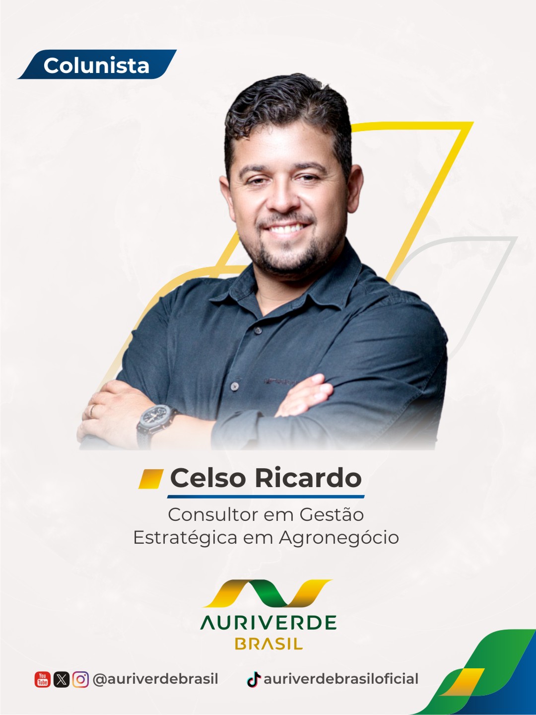Arte do canal Auriverde Brasil com fotografia de Celso Ricardo e a identificação Colunista.
