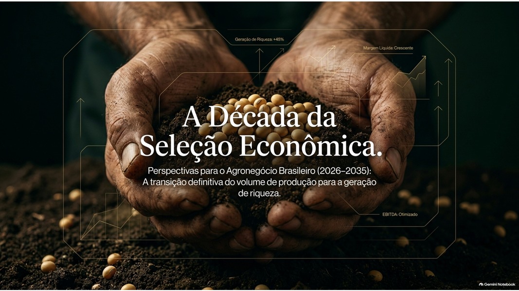 Lâmina da palestra A Década da Seleção Econômica, com perspectivas para o agronegócio brasileiro de 2026 a 2035.