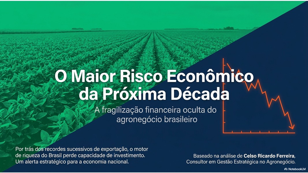 Lâmina da palestra O Maior Risco Econômico da Próxima Década sobre a fragilização financeira oculta do agronegócio brasileiro.