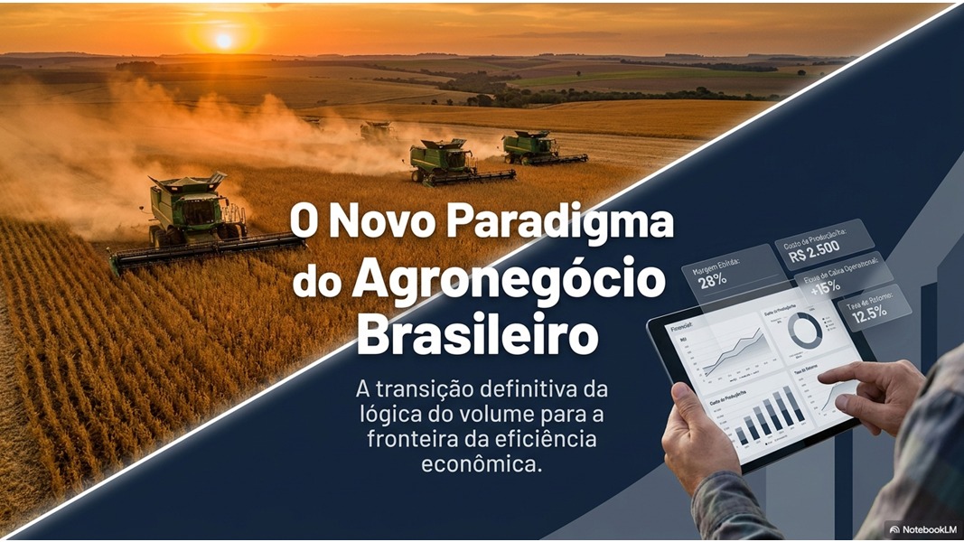Lâmina da palestra O Novo Paradigma do Agronegócio Brasileiro sobre a transição do volume para a eficiência econômica.