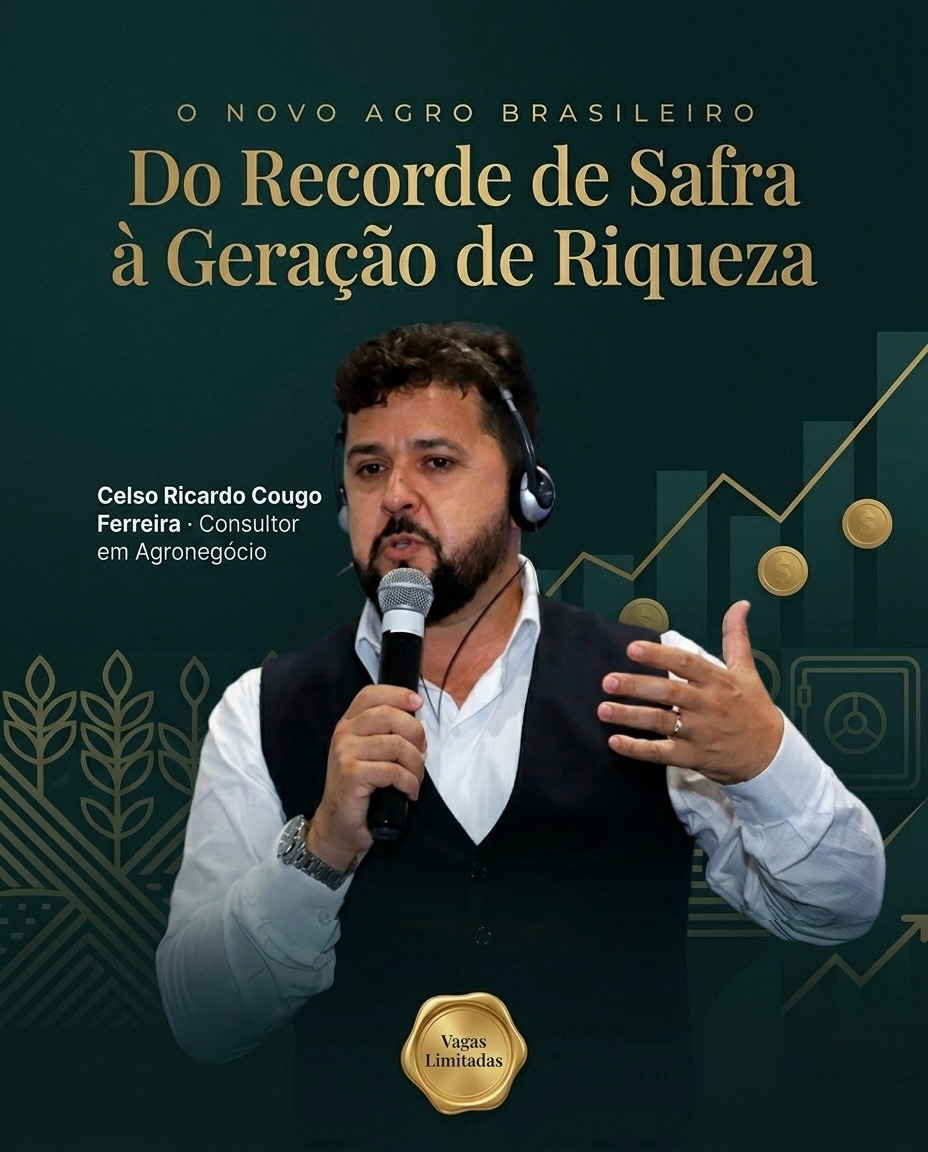 Lâmina de divulgação da palestra Do Recorde de Safra à Geração de Riqueza, com Celso Ricardo Ferreira falando ao microfone.
